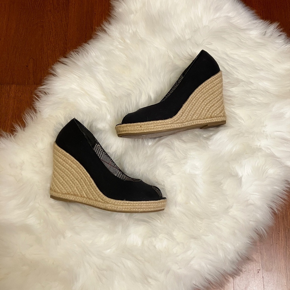Black Peep Toe Espadrille Wedge Platform Heels